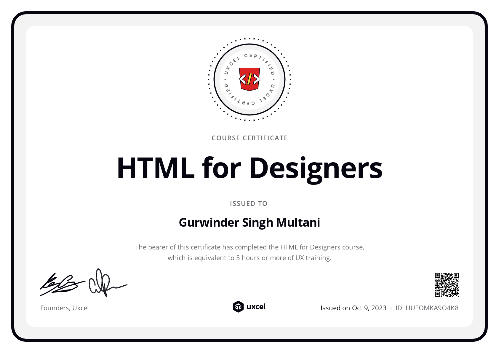 Gurwinder Singh Multani's certificate